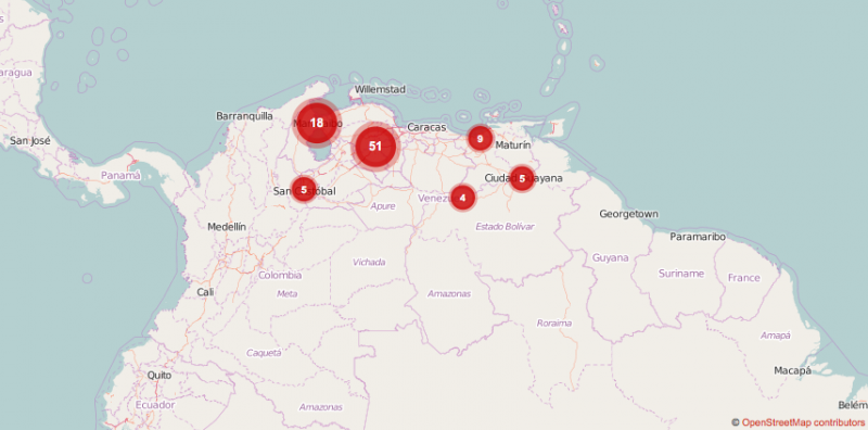 Xάρτης εκτός λειτουργίας του διαδικτύου των βουλευτικών εκλογών στη Βενεζουέλα, Δεκέμβριος 6, 2015. Crowdsourced by NGO Acceso Libre via Open Street Maps.